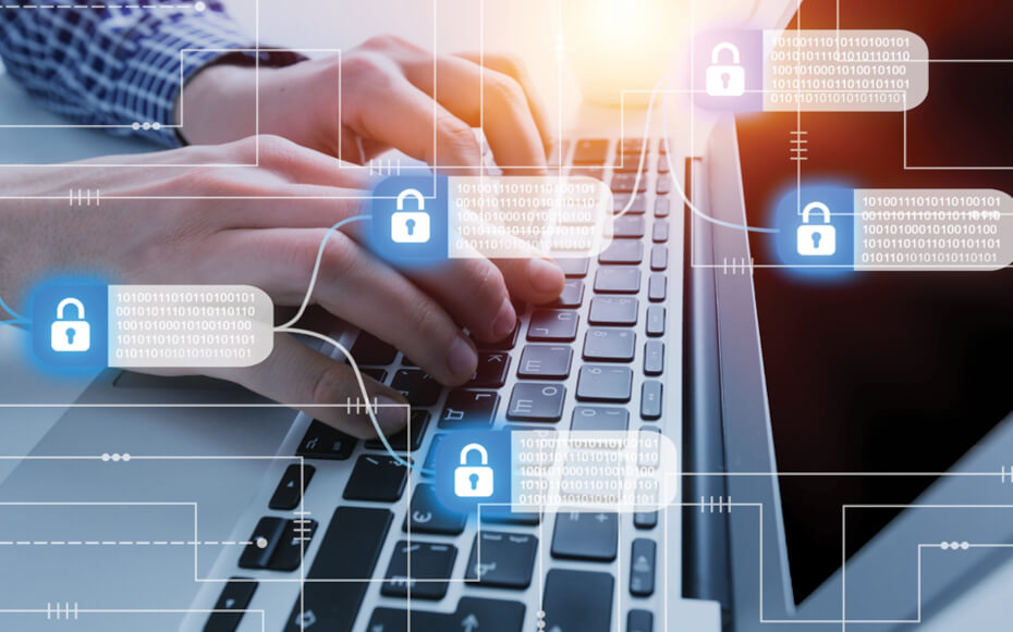 hands typing on a keyboard with overlayed lock icons